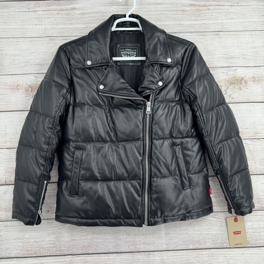 Levi's Puffer Moto Jacket Womens Medium Black Faux Leather LW2RU659 NEW